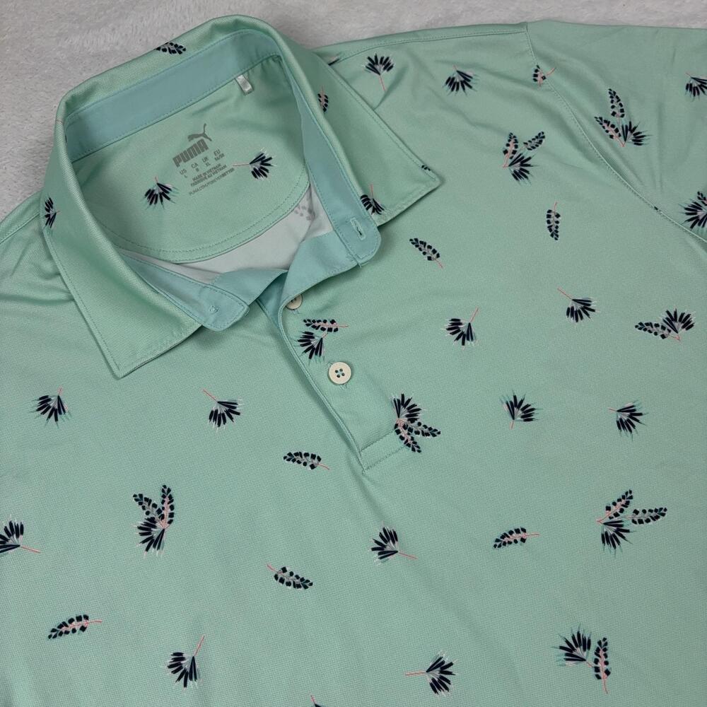 Puma Short Sleeve Polo Shirt Mens M Green Mint Enjoy Golf Graphic Feather/Leaf